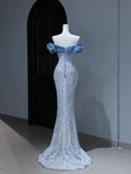 Modest Prom Dresses Aesthetic Mermaid Off The Shoulder Blue Sequins Inspiration Style Impress With Puffy Sleeves Long Party Formal Gown HZ0311