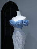 Modest Prom Dresses Aesthetic Mermaid Off The Shoulder Blue Sequins Inspiration Style Impress With Puffy Sleeves Long Party Formal Gown HZ0311