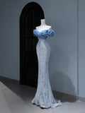 Modest Prom Dresses Aesthetic Mermaid Off The Shoulder Blue Sequins Inspiration Style Impress With Puffy Sleeves Long Party Formal Gown HZ0311