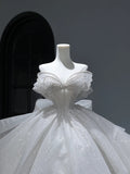Princess Long Wedding Dress Ball Gown Sweetheart Style for Bride With Silver Beaded Pearls Bodice Train White Bridal Dresses HZ0311