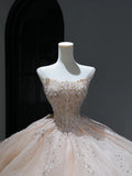 Princess Long Wedding Dress Ball Gown Strapless Blush Pink Style for Bride With Beaded Sequin Bodice Train Bridal Dresses HZ0311