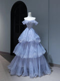 Modest Prom Dresses Aesthetic Ball Gown Off The Shoulder Lilac Tulle Inspiration Style Impress With Sleeves Beaded Long Party Formal Gown HZ0311