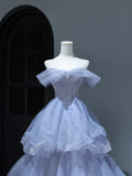Modest Prom Dresses Aesthetic Ball Gown Off The Shoulder Lilac Tulle Inspiration Style Impress With Sleeves Beaded Long Party Formal Gown HZ0311