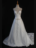 Women's Elegant Sheer V Neck Vintage Tulle Satin Wedding Dress for Bride Sweep Train Wedding Dresses HZ0311