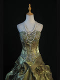 Retro 1970s Ball Gown Sweetheart Olive Green Organza With Beads Tiered Long Prom Dresses Inspo 21st Birthday Outfit Formal Gown HZ0311