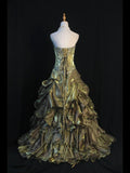 Retro 1970s Ball Gown Sweetheart Olive Green Organza With Beads Tiered Long Prom Dresses Inspo 21st Birthday Outfit Formal Gown HZ0311