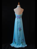 Vintage A Line Halter Chiffon Blue 1950s With Beaded Bodice Long Prom Dresses Inspo Birthday Outfit Formal Gown HZ0311