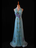Vintage A Line Halter Chiffon Blue 1950s With Beaded Bodice Long Prom Dresses Inspo Birthday Outfit Formal Gown HZ0311