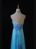 Vintage A Line Halter Chiffon Blue 1950s With Beaded Bodice Long Prom Dresses Inspo Birthday Outfit Formal Gown HZ0311