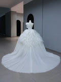 Modest Long Wedding Dress Ball Gown One Shoulder Style for Bride With Tiered Pleated Bodice Train Bridal Dresses HZ0311