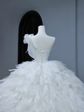 Modest Long Wedding Dress Ball Gown One Shoulder Style for Bride With Tiered Pleated Bodice Train Bridal Dresses HZ0311