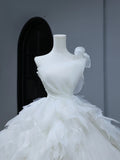 Modest Long Wedding Dress Ball Gown One Shoulder Style for Bride With Tiered Pleated Bodice Train Bridal Dresses HZ0311