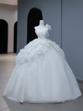 Modest Long Wedding Dress Ball Gown One Shoulder Style for Bride With Tiered Pleated Bodice Train Bridal Dresses HZ0311