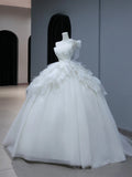 Modest Long Wedding Dress Ball Gown One Shoulder Style for Bride With Tiered Pleated Bodice Train Bridal Dresses HZ0311