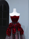 Modest Prom Dresses Aesthetic Ball Gown Strapless Burgundy Tulle Inspiration Style Impress With Flowers Long Party Formal Gown HZ0311