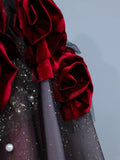 Modest Prom Dresses Aesthetic Ball Gown Strapless Burgundy Tulle Inspiration Style Impress With Flowers Long Party Formal Gown HZ0311