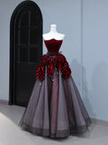 Modest Prom Dresses Aesthetic Ball Gown Strapless Burgundy Tulle Inspiration Style Impress With Flowers Long Party Formal Gown HZ0311