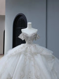 Princess Long Wedding Gowns Ball Gown Off The Shoulder Style for Bride With Short Sleeves Train White Bridal Dress HZ0311