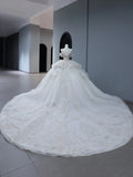 Princess Long Wedding Gowns Ball Gown Off The Shoulder Style for Bride With Short Sleeves Train White Bridal Dress HZ0311