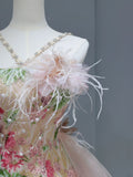 Cute Prom Dresses Aesthetic A Line Halter Sequin Pink Floral Inspiration Style Impress Corset Fitted Long Party Formal Gown HZ0311