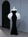 Modest Prom Dresses Aesthetic Mermaid Sweetheart Black Velvet Inspiration Style Impress With Cape Long Party Formal Gown HZ0311