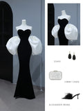 Modest Prom Dresses Aesthetic Mermaid Sweetheart Black Velvet Inspiration Style Impress With Cape Long Party Formal Gown HZ0311