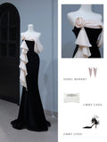 Modest Prom Dresses Aesthetic Mermaid Strapless Black Velvet Inspiration Style Impress With Flower Long Party Formal Gown HZ0311