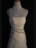 Women's Elegant Mermaid One Shoulder Vintage Tulle White Wedding Dress for Bride Sweep Train Wedding Dresses HZ0311