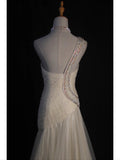 Women's Elegant Mermaid One Shoulder Vintage Tulle White Wedding Dress for Bride Sweep Train Wedding Dresses HZ0311