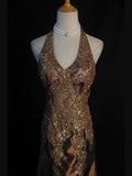 Vintage Mermaid 80s Halter Chocolate Taffeta With Slit Beads Long Prom Dresses Inspo Birthday Outfit Formal Gowns HZ0311