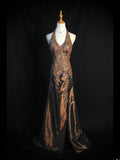 Vintage Mermaid 80s Halter Chocolate Taffeta With Slit Beads Long Prom Dresses Inspo Birthday Outfit Formal Gowns HZ0311