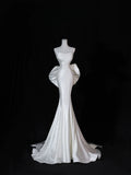 Modest Long Wedding Dresses Mermaid Strapless Satin Style for Bride With Bow-knot Bodice Train Bridal Dresses HZ0311
