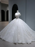 Princess Long Wedding Gowns Ball Gown Off The Shoulder Style for Bride With Pleated Cap Sleeves Train White Bridal Dress HZ0311
