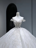 Princess Long Wedding Gowns Ball Gown Off The Shoulder Style for Bride With Pleated Cap Sleeves Train White Bridal Dress HZ0311