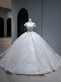 Princess Long Wedding Gowns Ball Gown Off The Shoulder Style for Bride With Pleated Cap Sleeves Train White Bridal Dress HZ0311