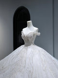 Princess Long Wedding Gowns Ball Gown Off The Shoulder Style for Bride With Pleated Cap Sleeves Train White Bridal Dress HZ0311