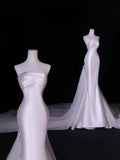 Modest Long Wedding Dresses Mermaid Strapless Silky Satin Style for Bride With Pleated Bodice Train Bridal Dresses HZ0311