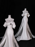 Simple Long Wedding Dresses Mermaid Strapless Silky Satin Style for Bride With Pleated Bodice Train Fitted Bridal Dresses HZ0311