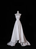 Simple Long Wedding Dresses A Line Strapless Silky Satin Style for Bride With Pleated Bodice Train White Fitted Bridal Dresses HZ0311