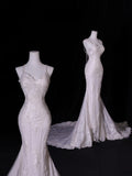 Classic Mermaid Spaghetti Strap Lace Tulle Wedding Gown Style for Bride With Fitted Petite Plus Size Bridal Dress HZ0311