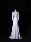 Simple Long Wedding Dresses A Line Square Neck Long Sleeves Silky Satin Style For Brides White Fitted Bridal Dresses HZ0311