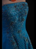 Vintage A line Strapless Blue Chiffon 1950s With Beads Bodice Long Prom Dresses Inspo Birthday Outfit Party Gown HZ0311