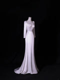 Simple Long Wedding Dresses A Line Square Neck Long Sleeves Silky Satin Style For Brides White Fitted Bridal Dresses HZ0311