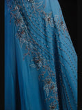 Vintage A line Strapless Blue Chiffon 1950s With Beads Bodice Long Prom Dresses Inspo Birthday Outfit Party Gown HZ0311