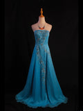 Vintage A line Strapless Blue Chiffon 1950s With Beads Bodice Long Prom Dresses Inspo Birthday Outfit Party Gown HZ0311
