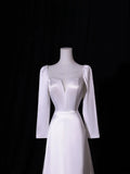 Simple Long Wedding Dresses A Line Square Neck Long Sleeves Silky Satin Style For Brides White Fitted Bridal Dresses HZ0311