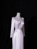 Simple Long Wedding Dresses A Line Square Neck Long Sleeves Silky Satin Style For Brides White Fitted Bridal Dresses HZ0311