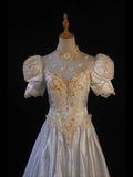 Women's Elegant High Neck Vintage With Sleeves Satin Wedding Dress for Bride Sweep Train Wedding Dresses HZ0311