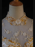 Women's Elegant High Neck Vintage With Sleeves Satin Wedding Dress for Bride Sweep Train Wedding Dresses HZ0311