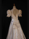 Women's Elegant High Neck Vintage With Sleeves Satin Wedding Dress for Bride Sweep Train Wedding Dresses HZ0311